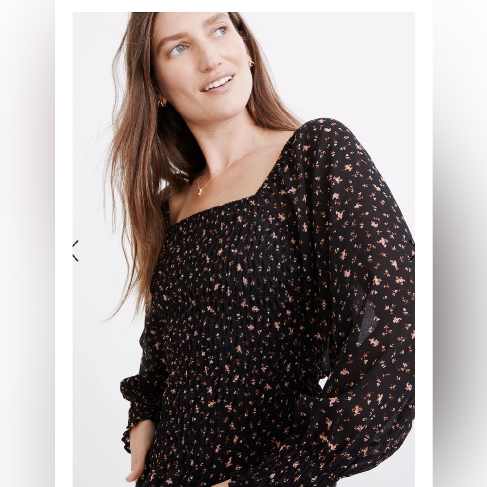 Madewell Re)sourced Georgette Lucie Bubble-Sleeve Smocked Top in Stem Scatter